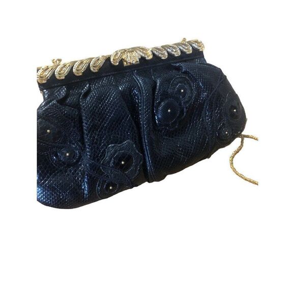 Vintage Carlo Fiori Clutch Rhinestones Leather Python Gold Chain - Picture 9 of 9